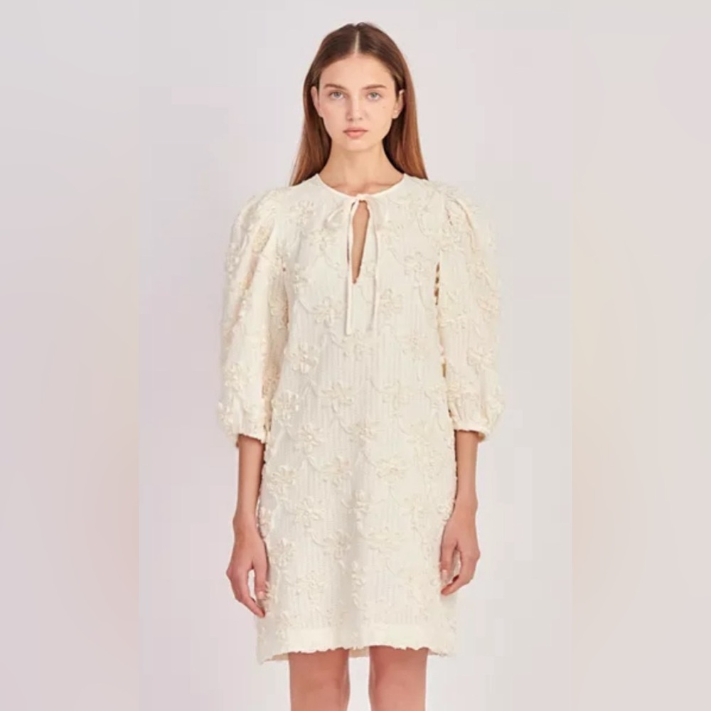 NWT! English Factory Ribbon Embroidered Shift Mini Dress Cream Size Small